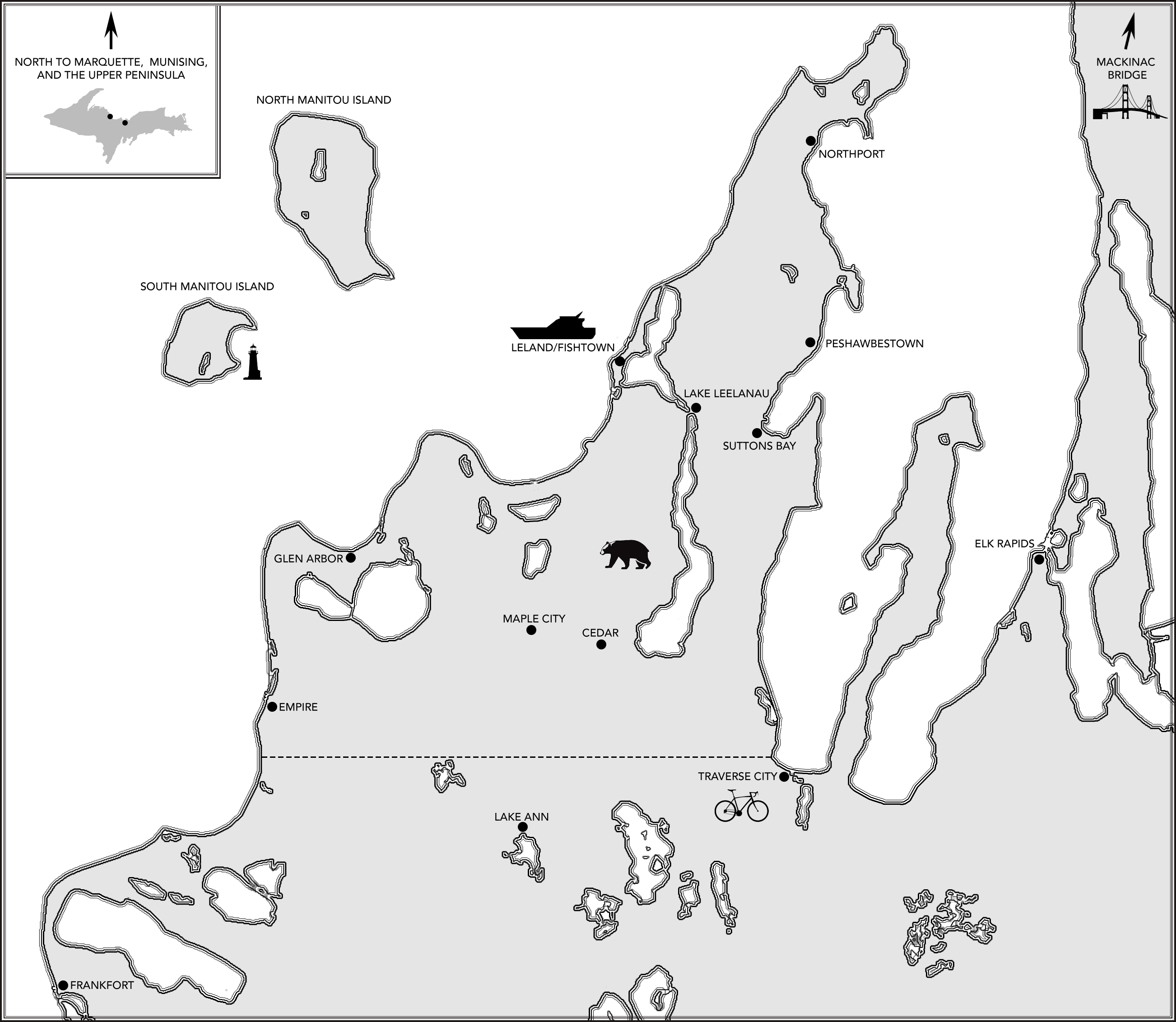 Map of Leelanau County and locations in The Sleeping Bears of Leelanau County