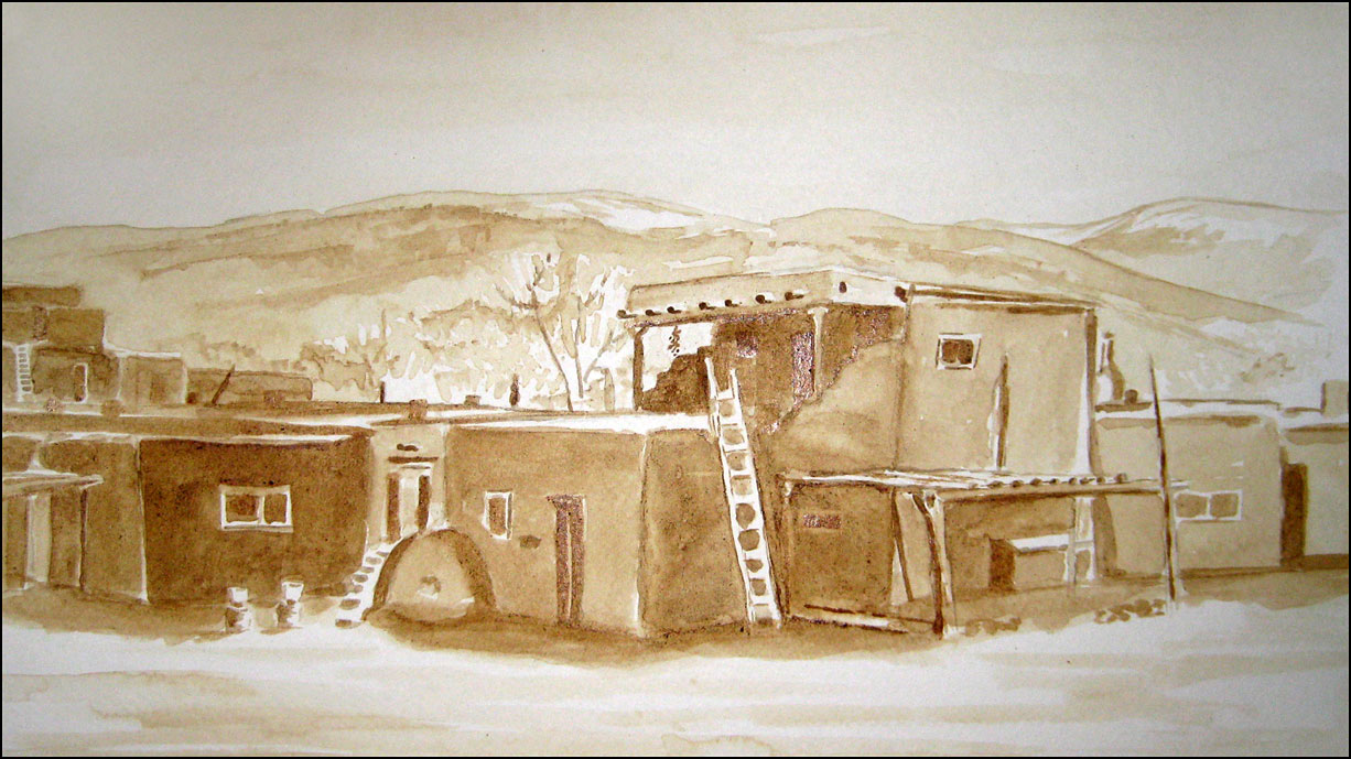 Taos Pueblo - coffee painting